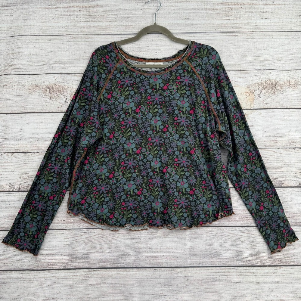 Natural Life Top Women XXL Black Floral Raglan Lettuce Edge Long Sleeve Cotton